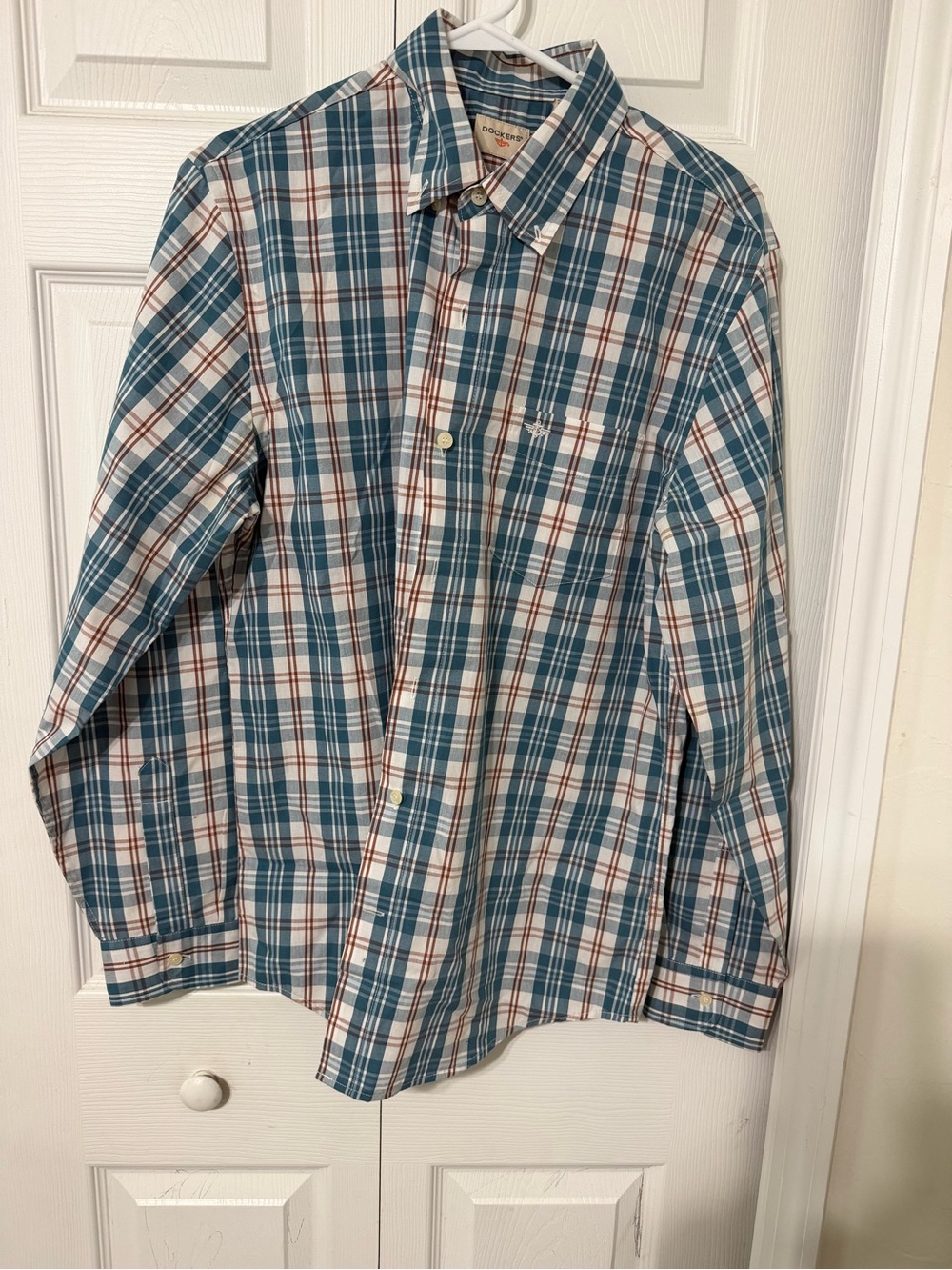 Dockers Teal, White & Brown Plaid Long-Sleeve Button-Down Shirt
